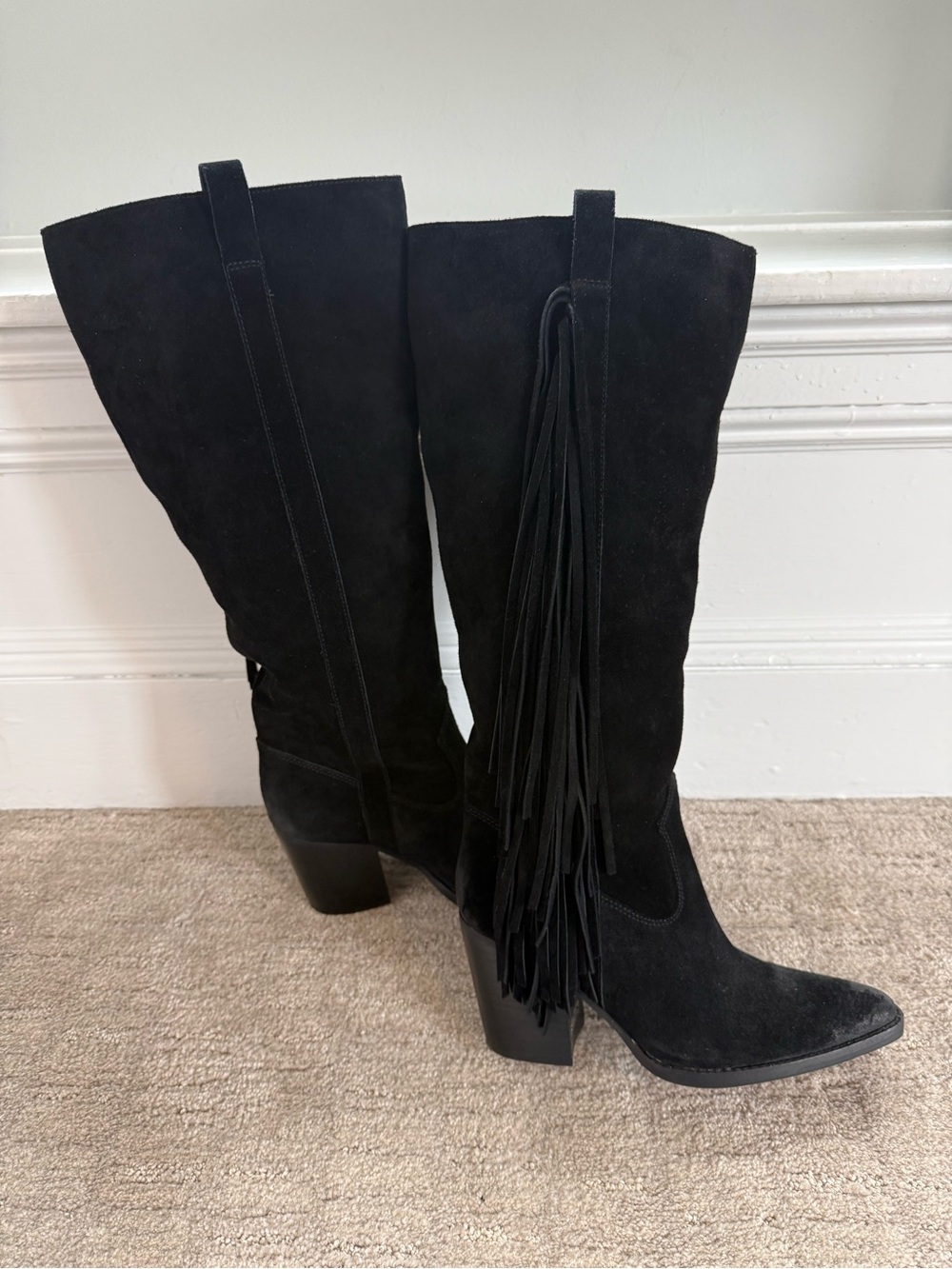 Vince Camuto Black Suede Fringe Knee-High Boots